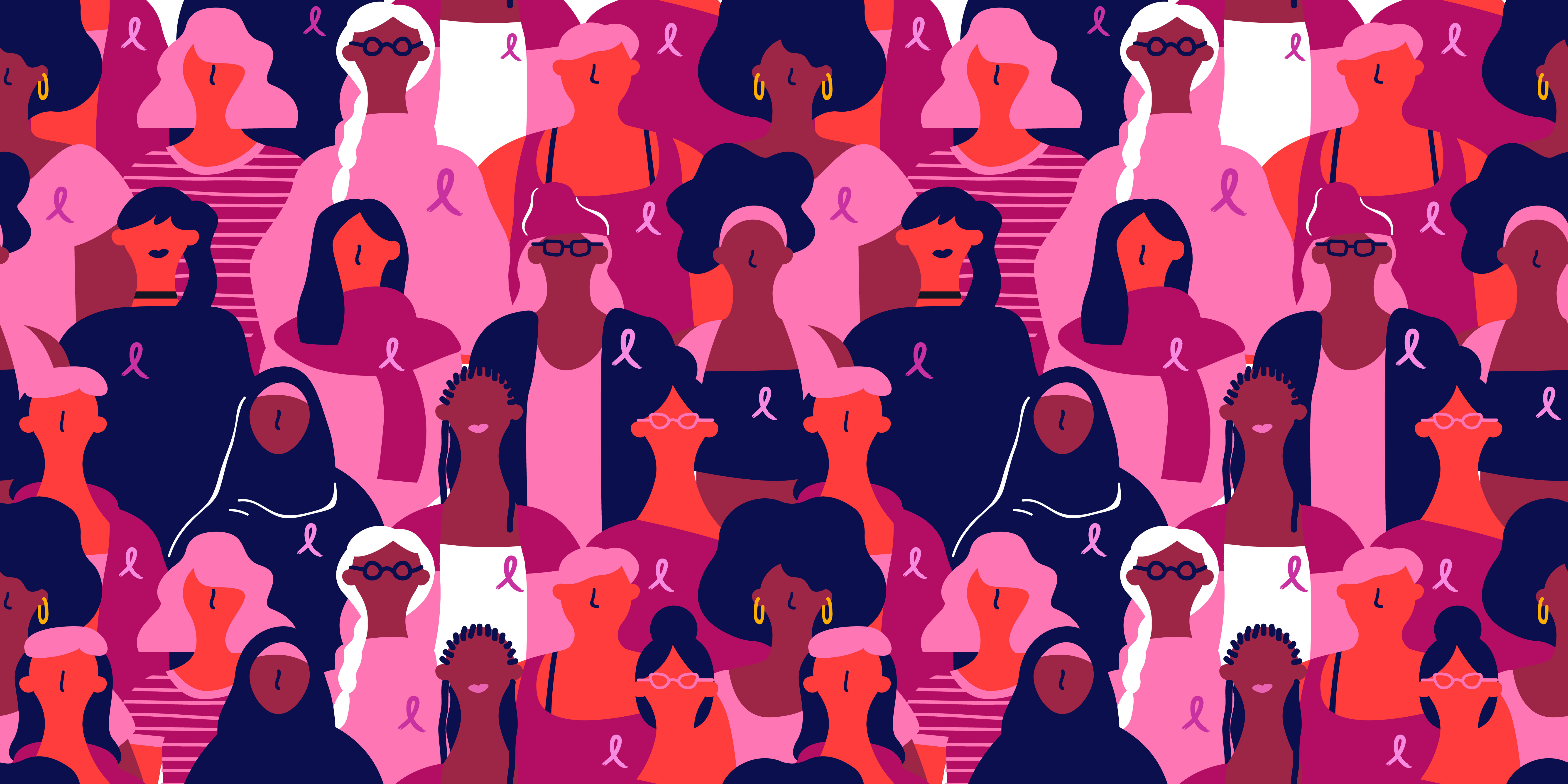 Graphic of multi-racial women wearing pink breast cancer awareness women